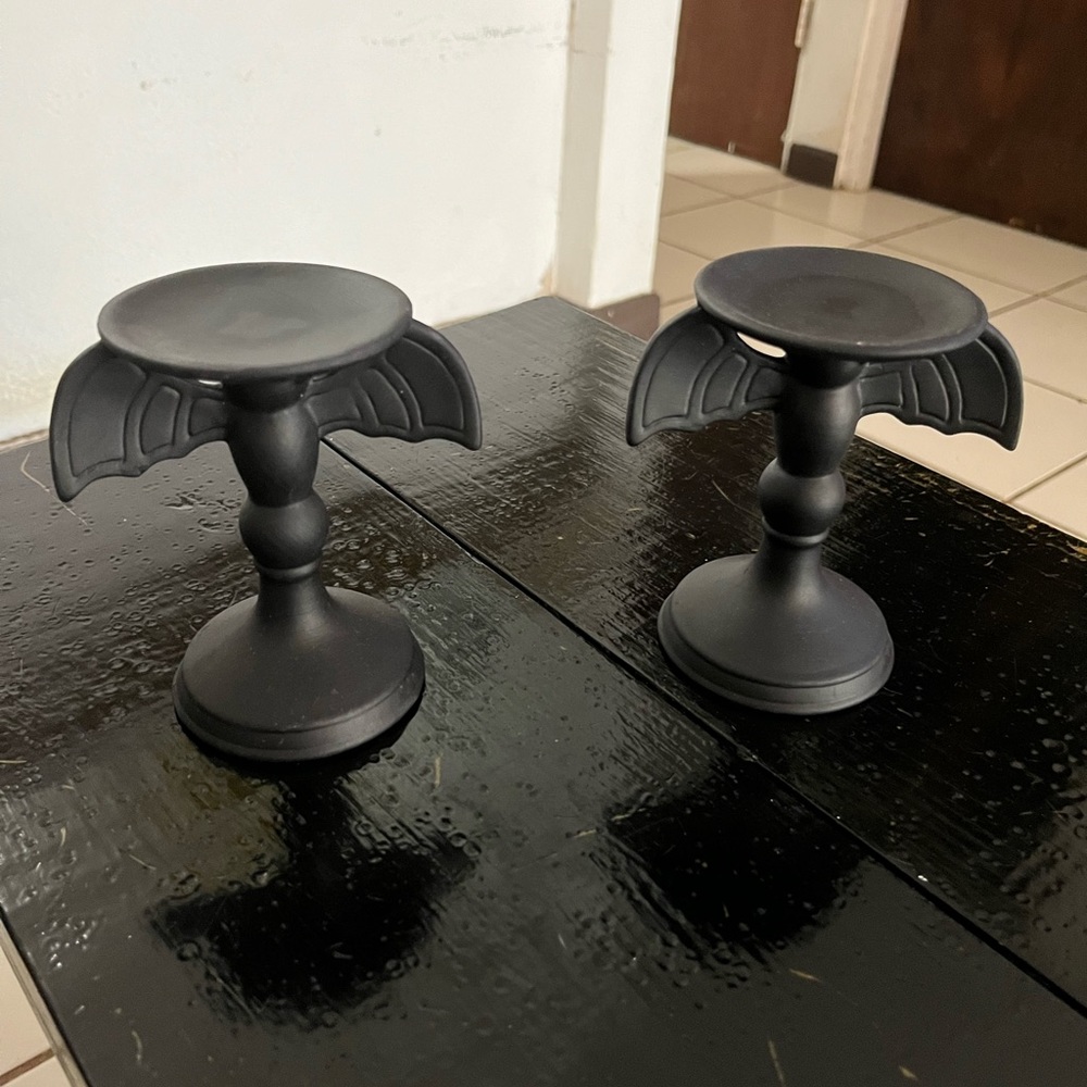 Pair Bat Candle Holders Pillar Wing Vampire Black Ceramic